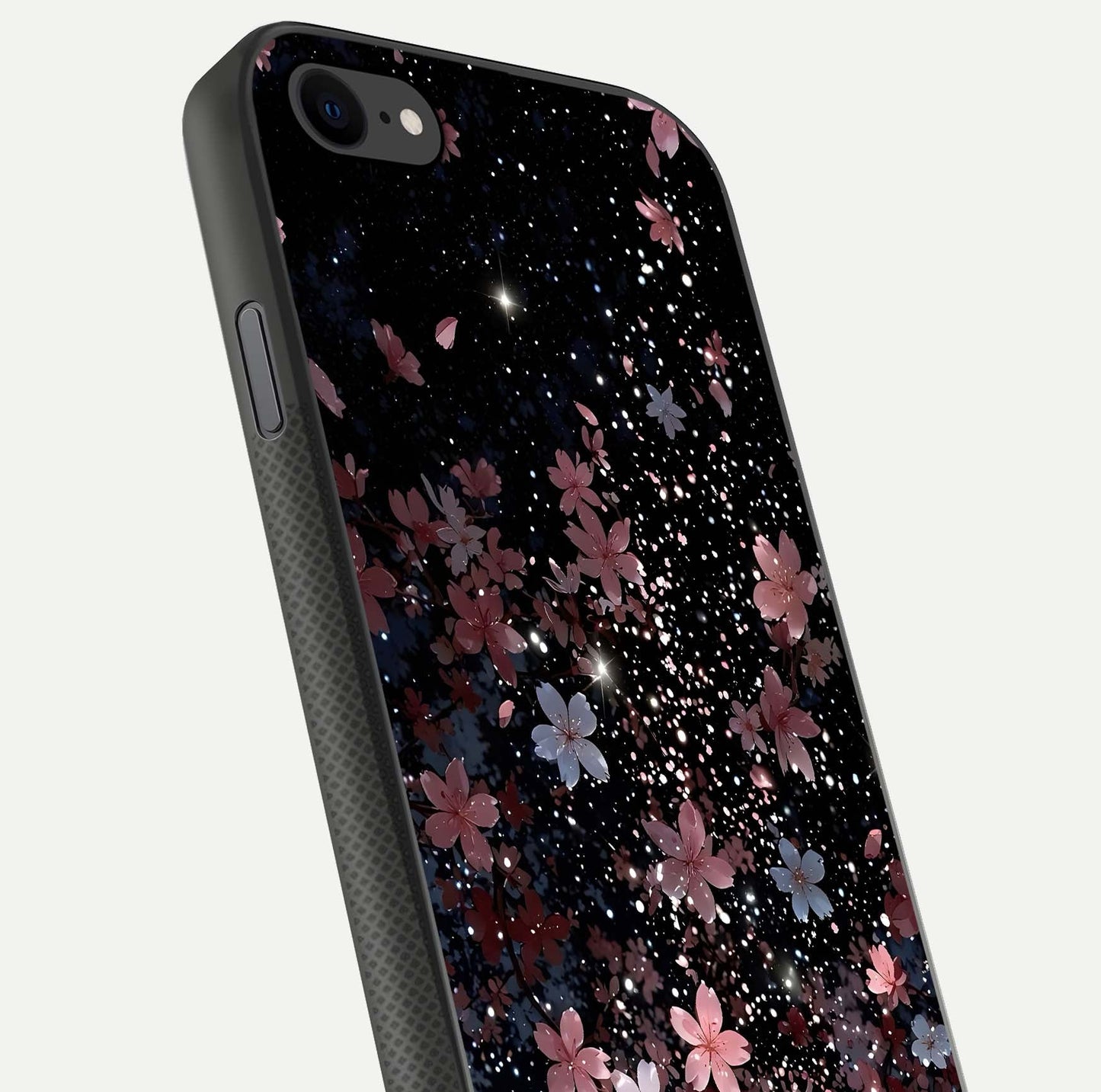 Starlit Flower Dreams Glass Case for iPhone 8 close-up angled shot highlighting petal reflection and HD depth