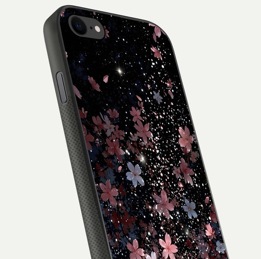 Starlit Flower Dreams Glass Case for iPhone 8 close-up angled shot highlighting petal reflection and HD depth