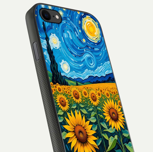 Starry Sunflower Dreams Glass Case for iPhone 8 close-up angled shot highlighting petal texture and gloss