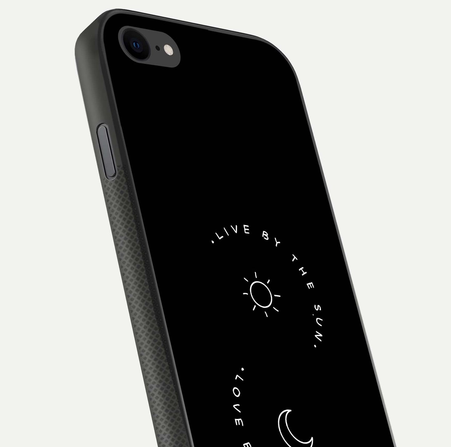 Sun Moon Balance Glass Case for iPhone 8 close-up angled shot highlighting cosmic art and HD reflection