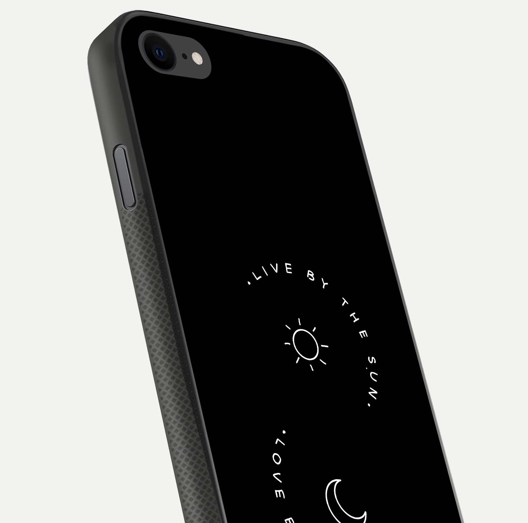 Sun Moon Balance Glass Case for iPhone 8 close-up angled shot highlighting cosmic art and HD reflection