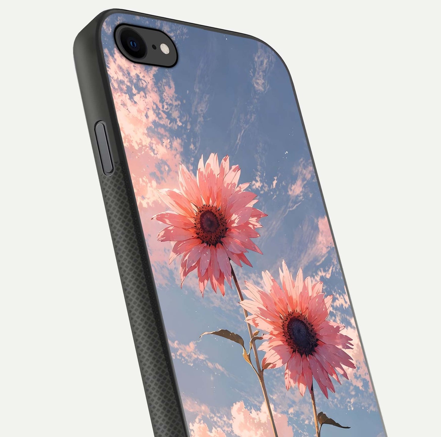 Sunlit Daisy Glow Glass Case for iPhone 8 close-up angled shot highlighting petal texture and reflection