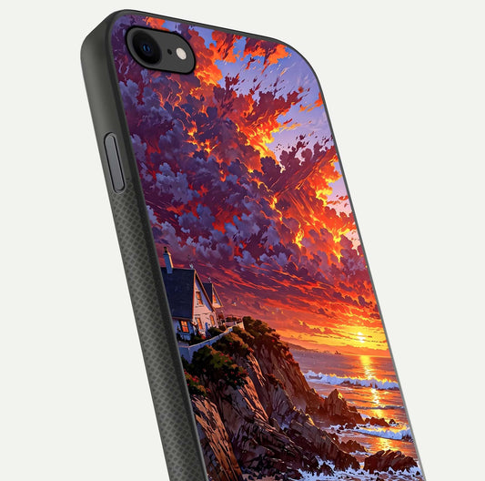 Sunset House by Sea Glass Case for iPhone 8 close-up angled shot highlighting sunset tones and water glow