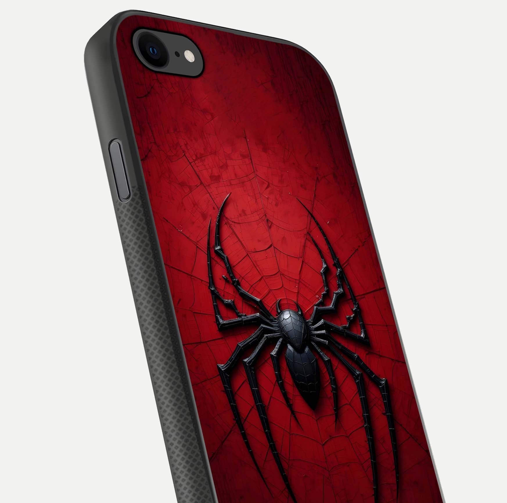 Venom Web Emblem Glass Case for iPhone 8 close-up angled shot highlighting sharp logo lines and reflection