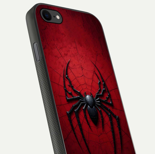 Venom Web Emblem Glass Case for iPhone 8 close-up angled shot highlighting sharp logo lines and reflection