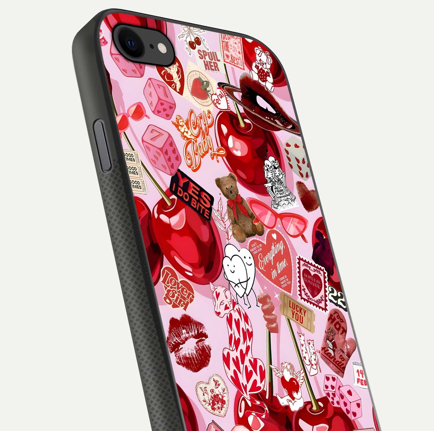 Sweet Cherry Chaos Glass Case for iPhone 8 close-up angled shot highlighting red tone contrast and reflection