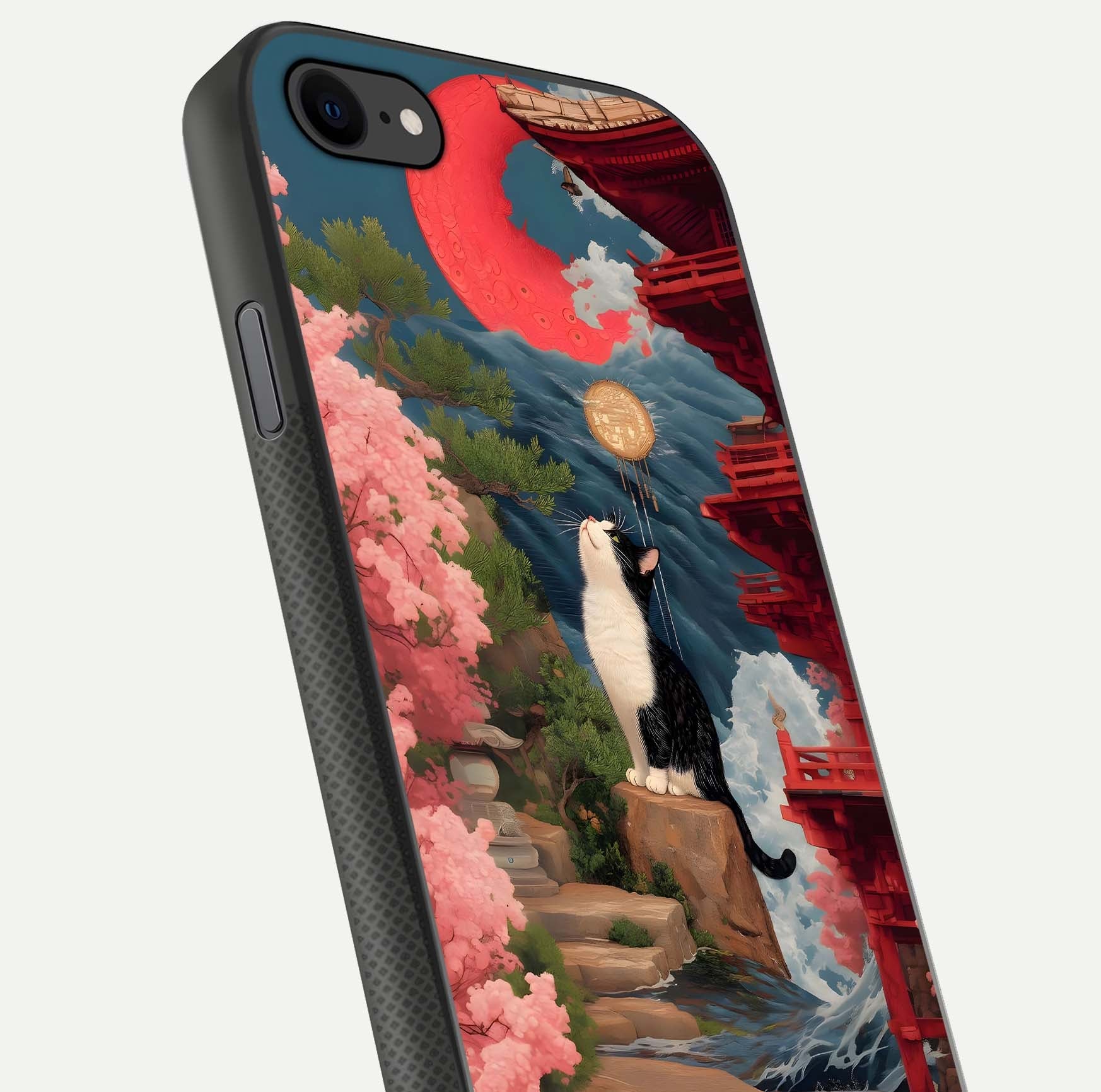 Temple Cat Scenery Glass Case for iPhone 8 close-up angled shot highlighting texture and reflection
