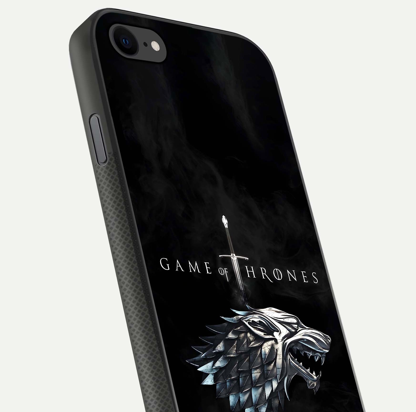 Throne Wolf Legacy Glass Case for iPhone 8 close-up angled shot highlighting fur texture and reflection
