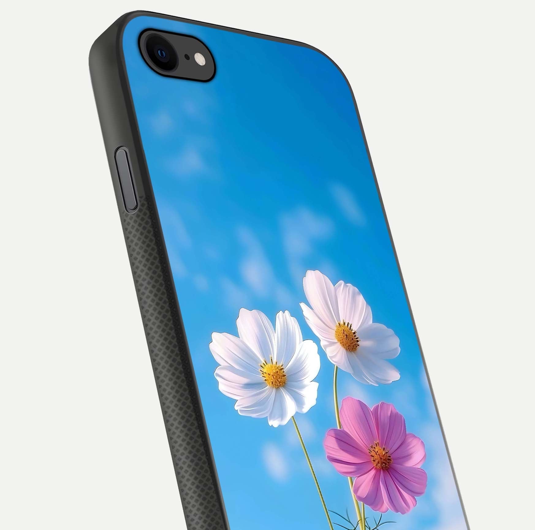 Triple Flowers With Sky Glass Case for iPhone 8 close-up angled shot highlighting petal and reflection details