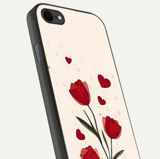 Tulip With Heart Glass Case for iPhone 8 close-up angled shot highlighting petal details and reflection