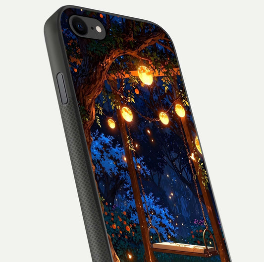 Twilight Garden Swing Glass Case for iPhone 8 close-up angled shot highlighting floral tones and reflection