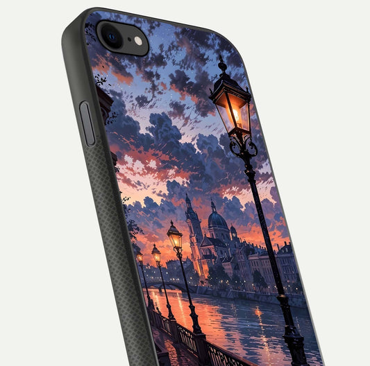 Twilight River Lights Glass Case for iPhone 8 close-up angled shot highlighting river reflections and color tones
