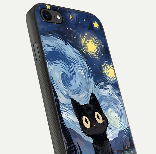 Van Gogh Cat Glass Case for iPhone 8 close-up angled shot highlighting brushstroke texture and reflection