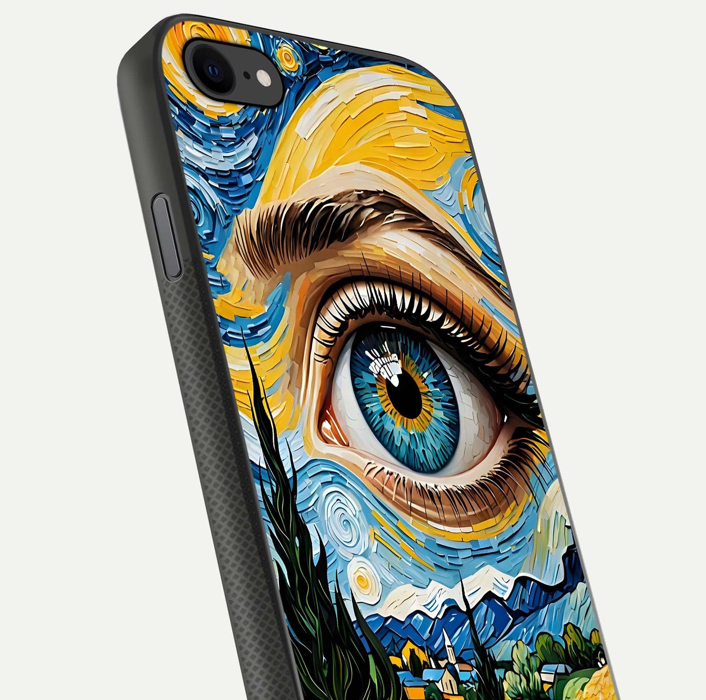 Van Gogh Eye Glass Case for iPhone 16 Pro close-up angled shot highlighting color blend and gloss reflection