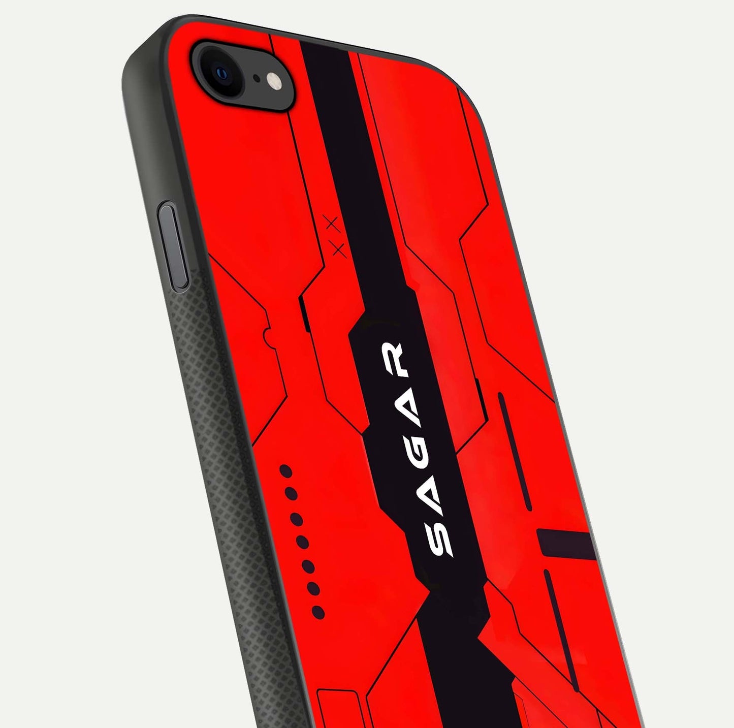 Voltage Rise CYBERPUNK Custom Name Glass Case for iPhone 8 close-up angled shot highlighting neon glow and reflection
