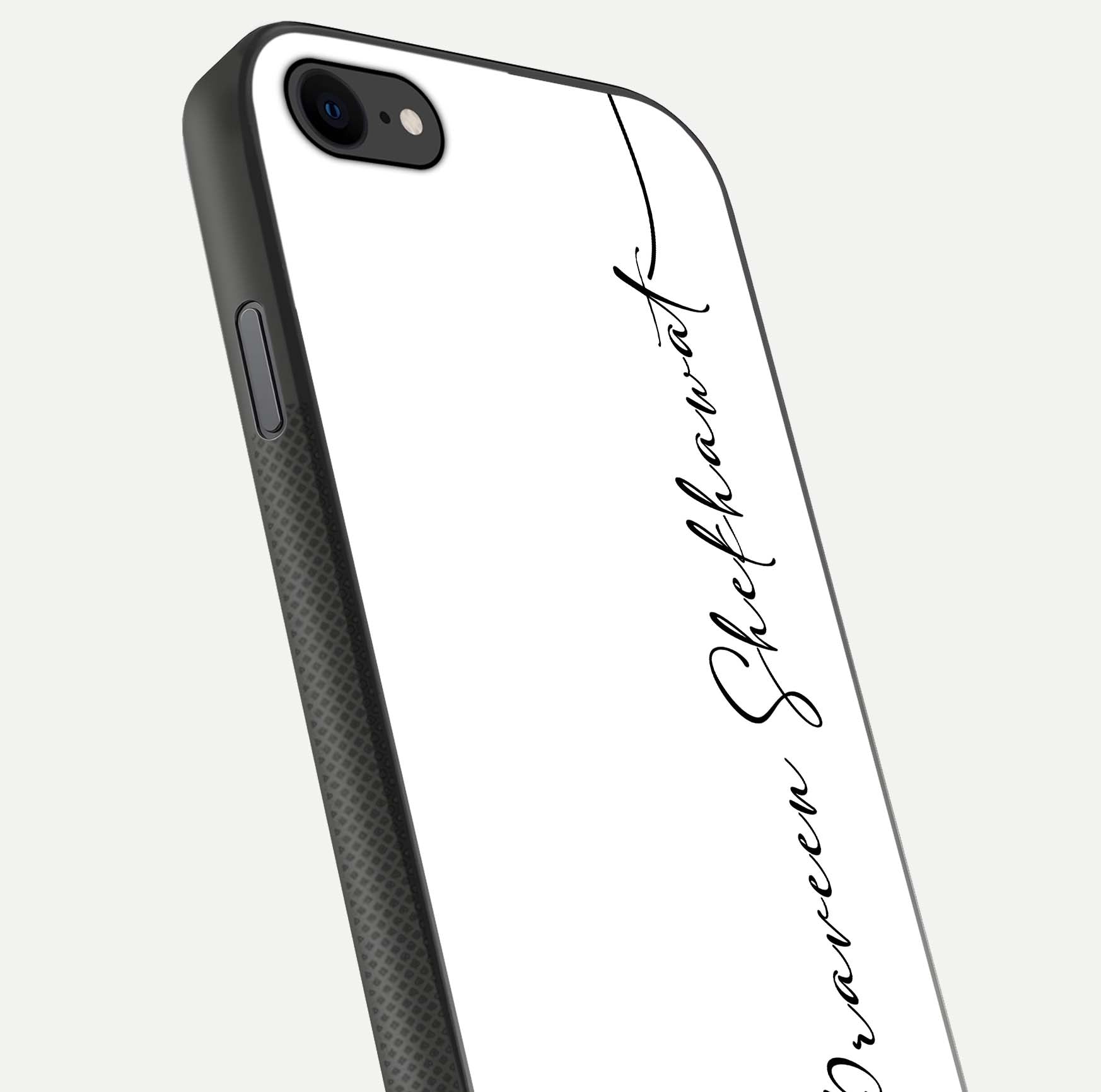 White Tune Custom Name Glass Case for iPhone 8 close-up angled shot highlighting gloss reflection and texture
