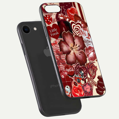 Aesthetic Little Freak Glass Case for iPhone 16 Pro floating dual-view mockup showing edge design and detailed collage gloss texture