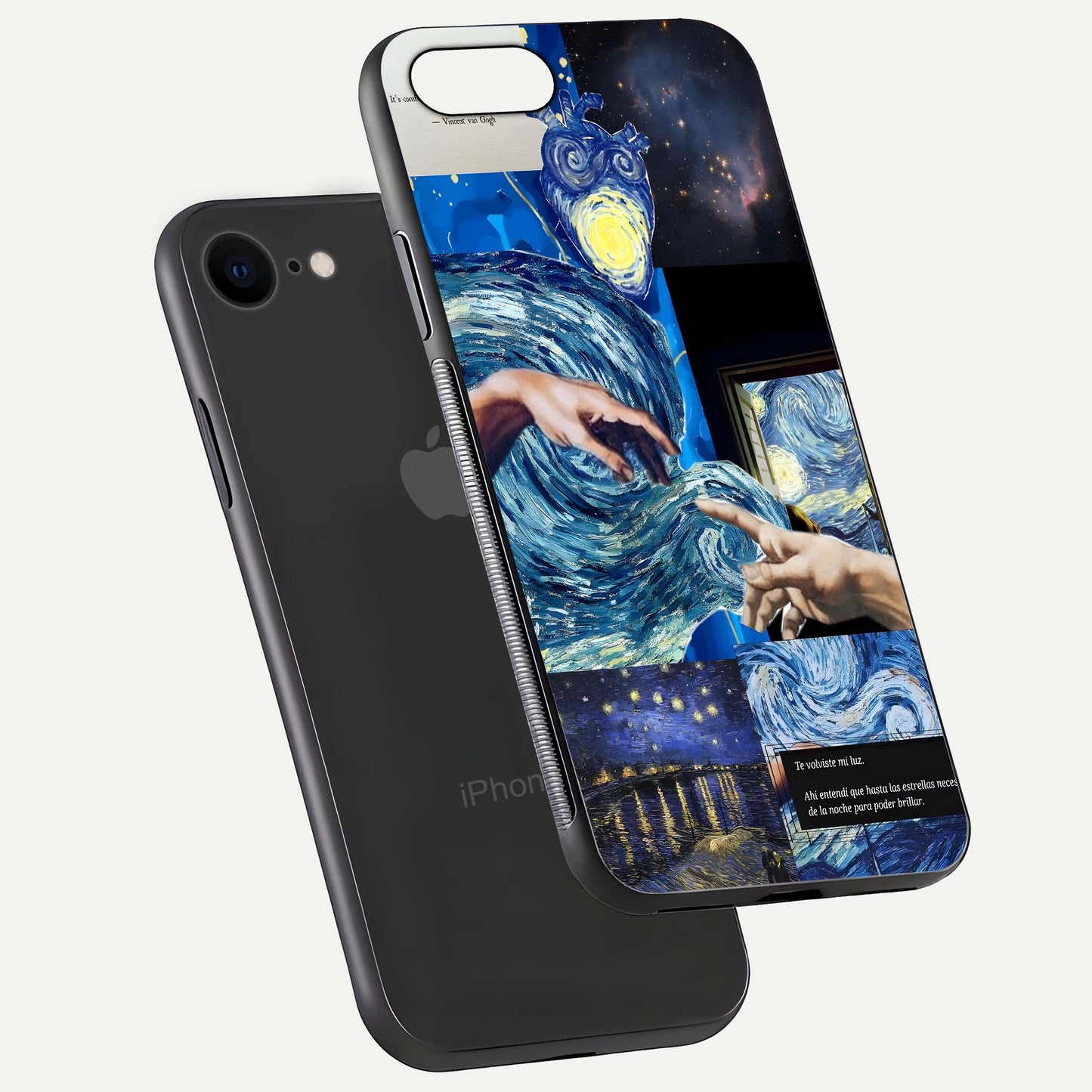 Aesthetic Vando Hands Glass Case for iPhone 16 Pro floating dual-view mockup showing slim edge profile and high-definition gloss