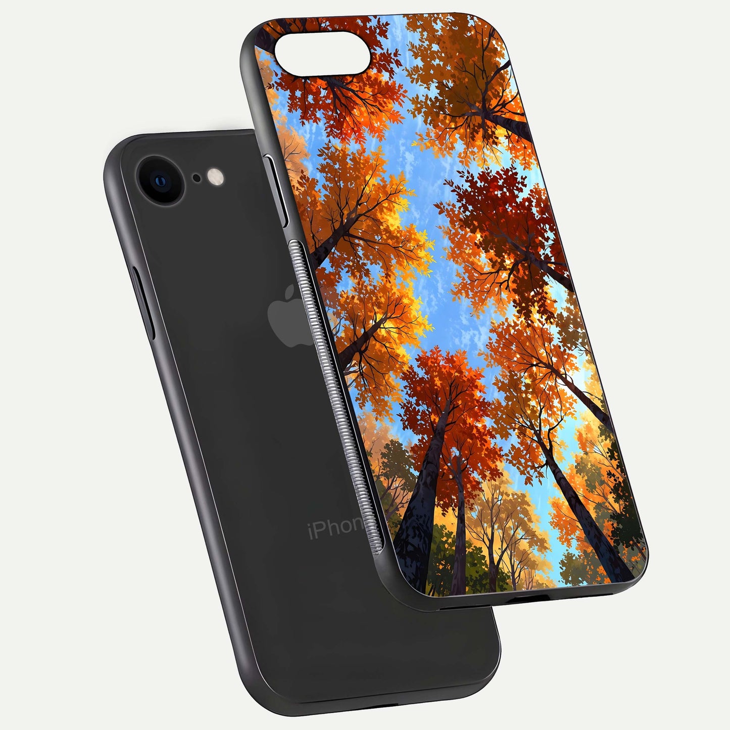 Autumn Sky Rise Glass Case for iPhone 16 Pro floating dual-view mockup with sky horizon and glossy highlights