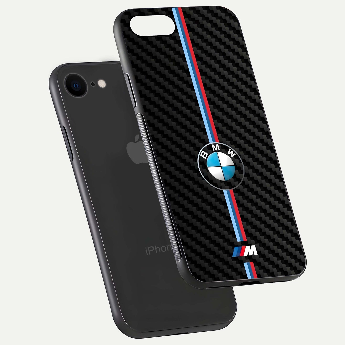 BMW Pattern Glass Case for iPhone 8 floating mockup highlighting clean lines and metallic accent reflection