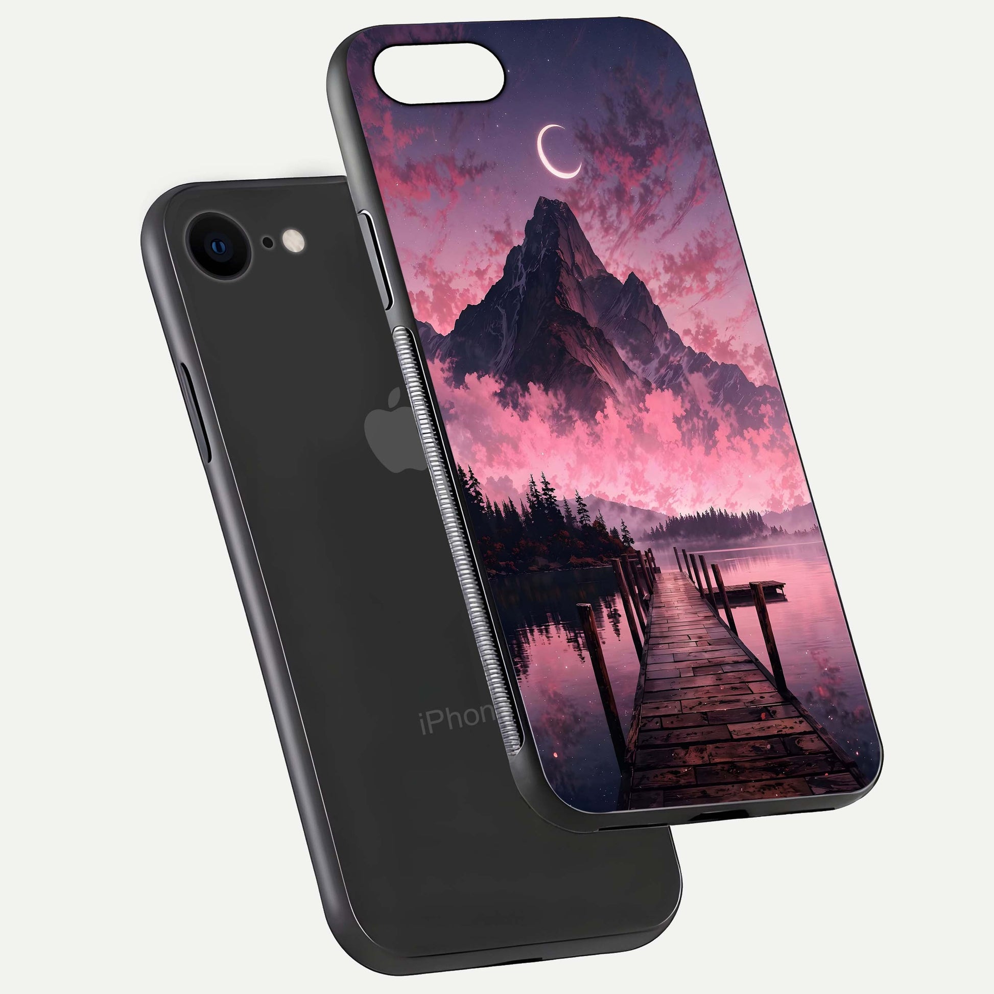 Beautyful Mountain View Glass Case for iPhone 16 Pro floating dual mockup showing edges and reflective sky print