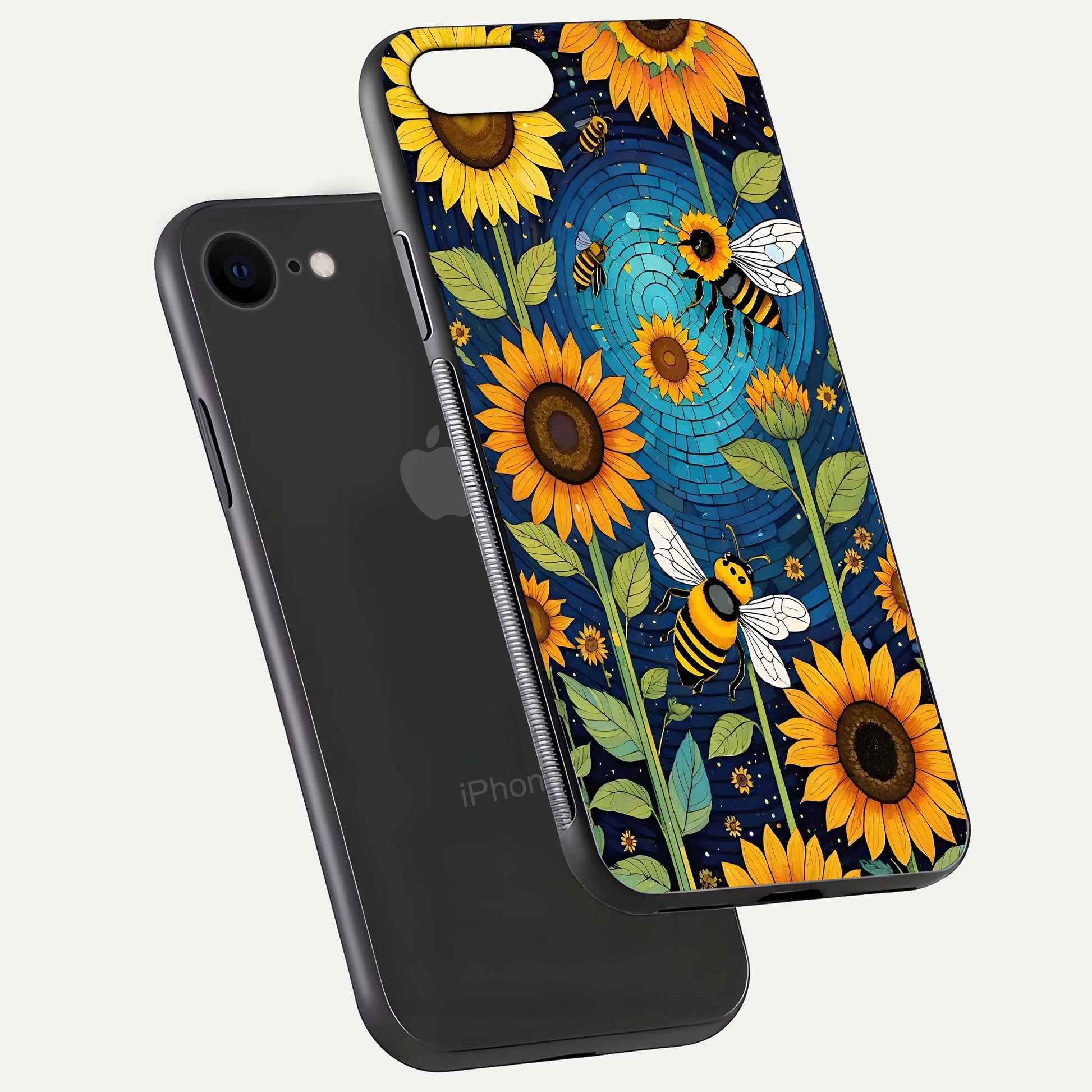 Bees & Sunflowers Glass Case for iPhone 16 Pro floating dual-view mockup displaying vibrant yellow tones and gloss texture