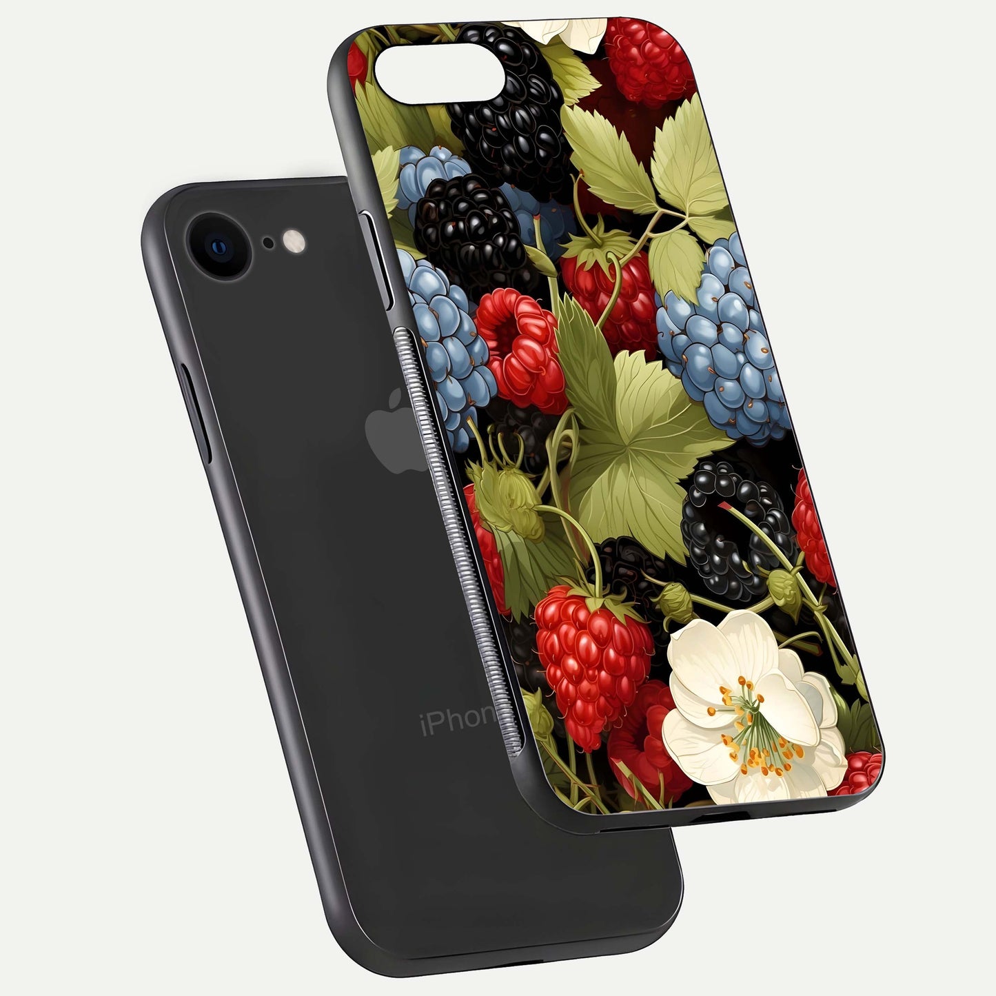 Berry Bloom Charm Glass Case for iPhone 8 floating mockup capturing glossy reflection and curved-edge finish