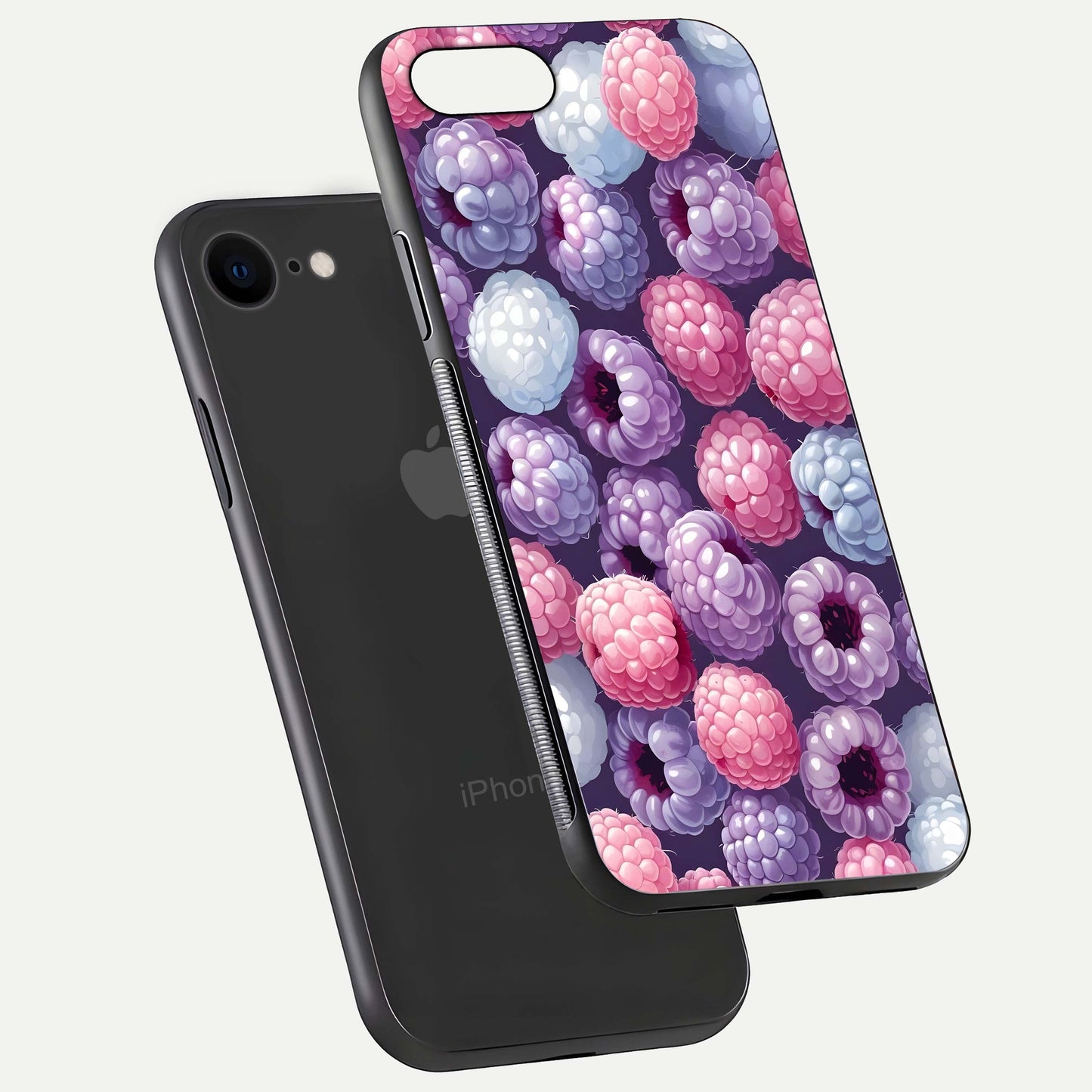 Berry Candy Pop Glass Case for iPhone 8 floating dual-view mockup highlighting gloss shine and curved edges