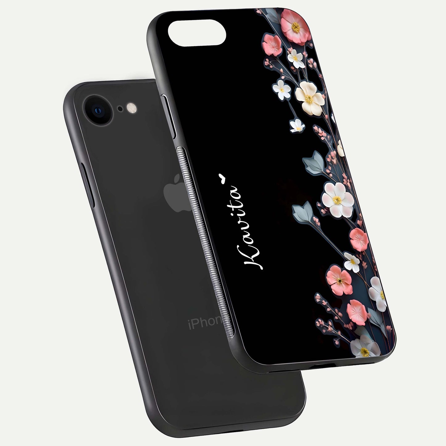 Black Elegance Floral Custom Name Glass Case for iPhone 8 floating mockup emphasizing premium shine and floral art