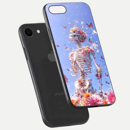 Bloom Beyond Bones Glass Case for iPhone 8 floating mockup displaying shine, texture, and gloss detail