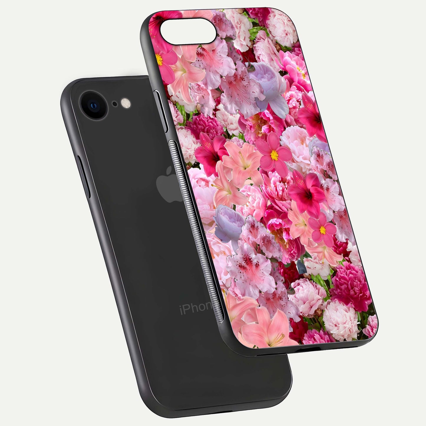 Bloom Crush Fantasy Glass Case for iPhone 8 floating mockup showing floral pattern clarity and HD glass
