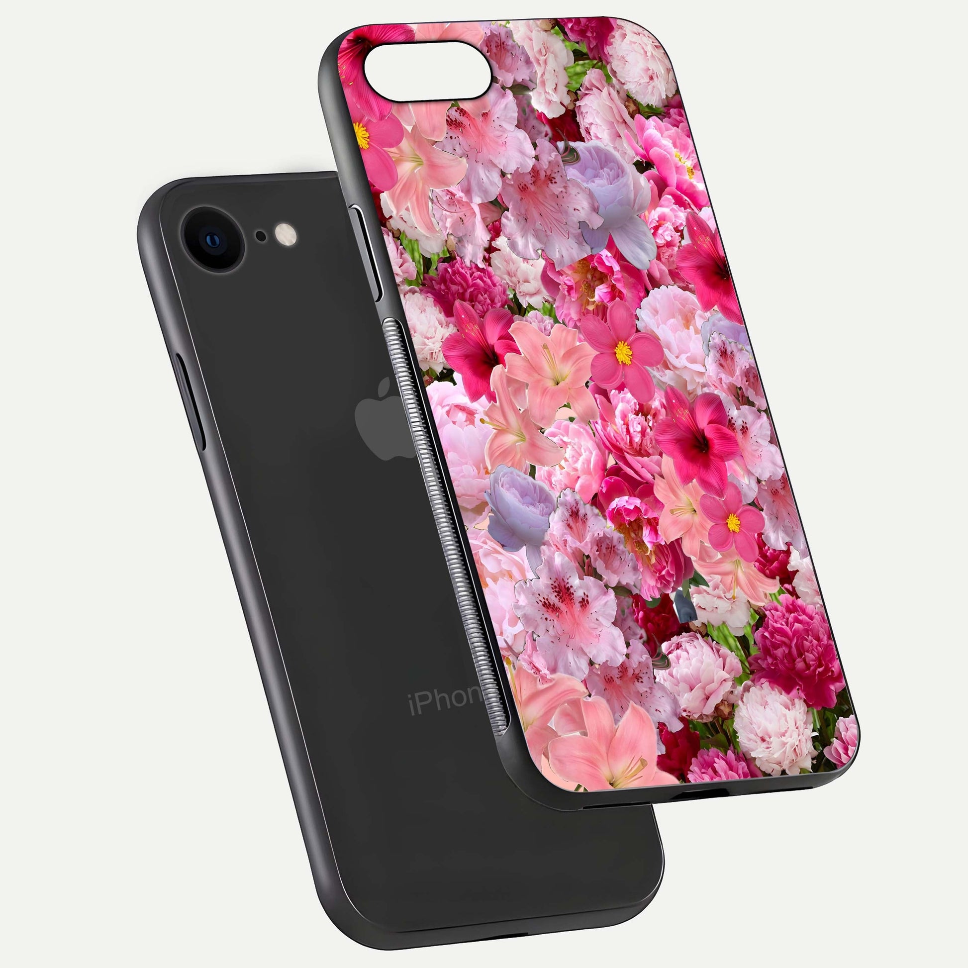 Bloom Crush Fantasy Glass Case for iPhone 8 floating mockup showing floral pattern clarity and HD glass