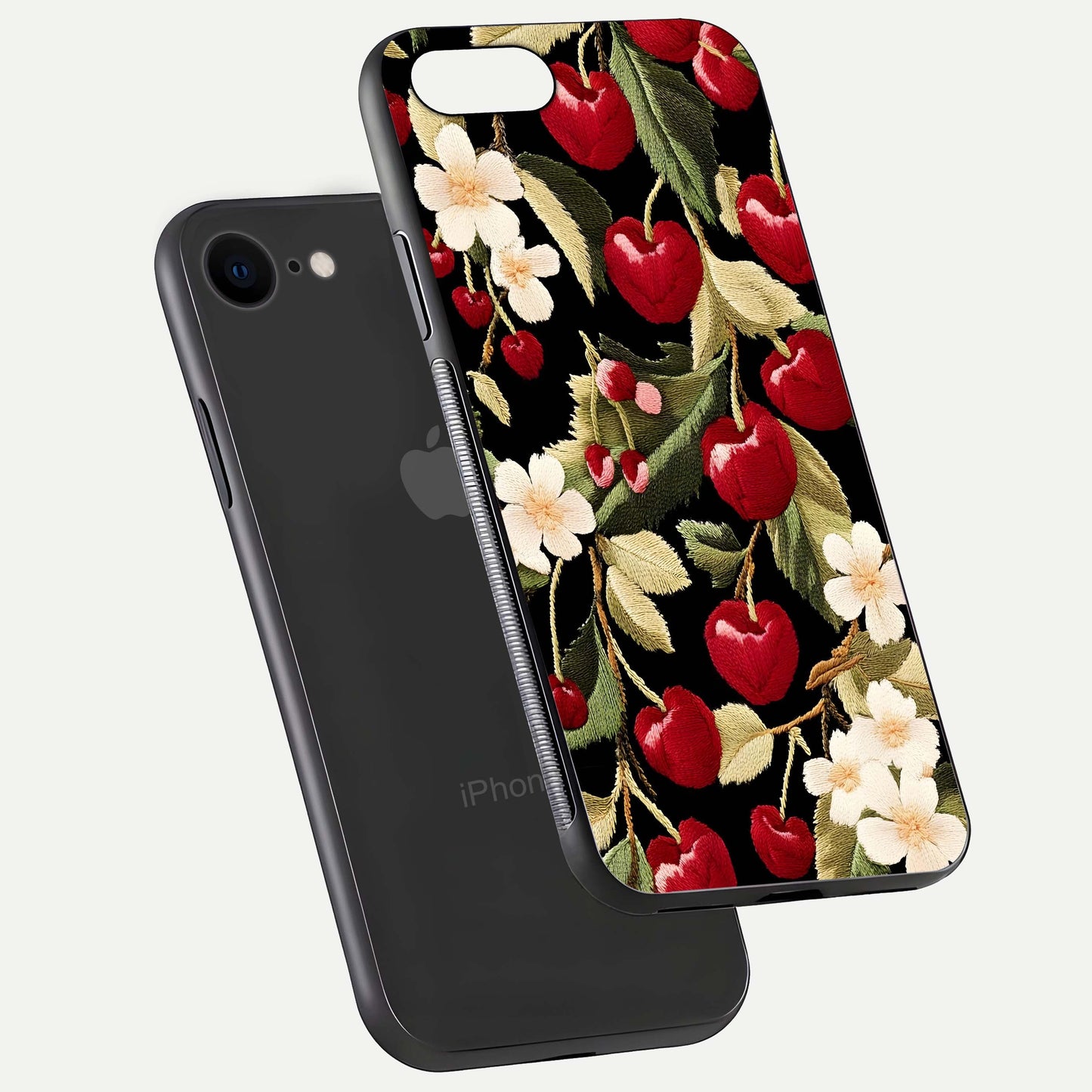 Bloom Thread Art Glass Case for iPhone 8 floating mockup showing premium reflection and stitched art vibe
