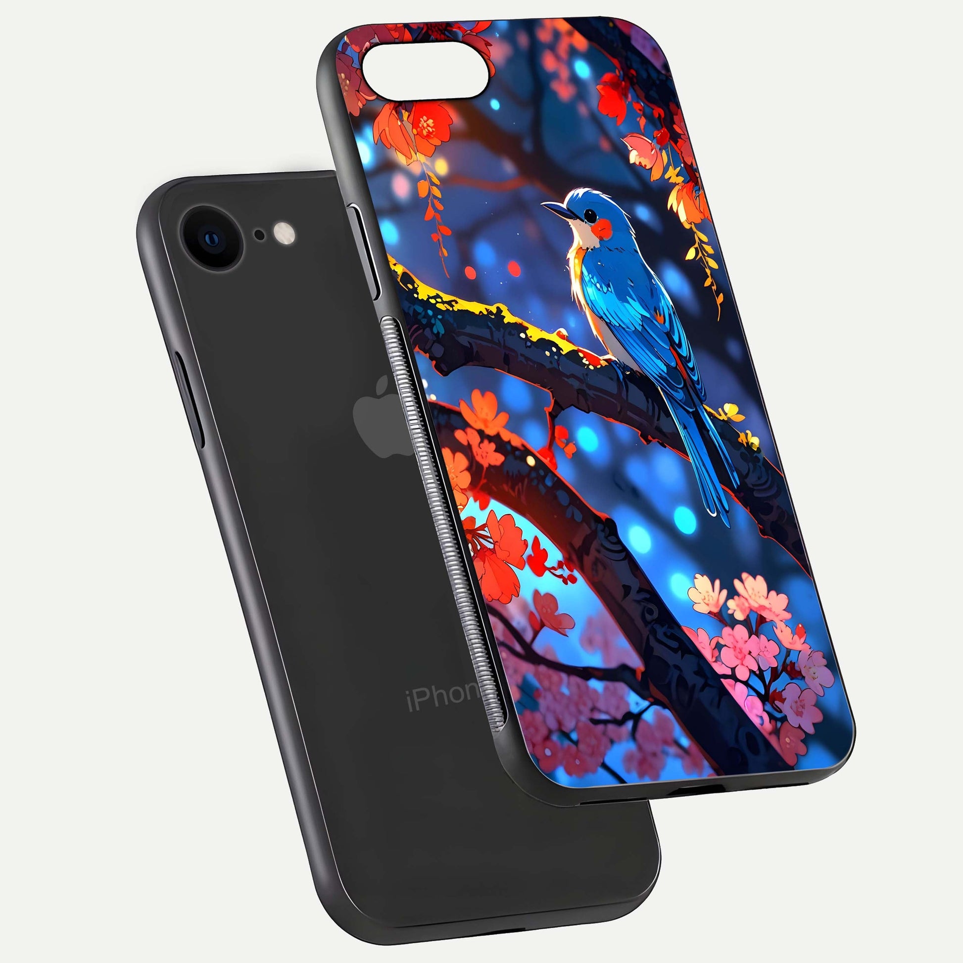 Blooming Spendor Bird Glass Case for iPhone 8 floating dual-mockup capturing gloss tone and curved texture