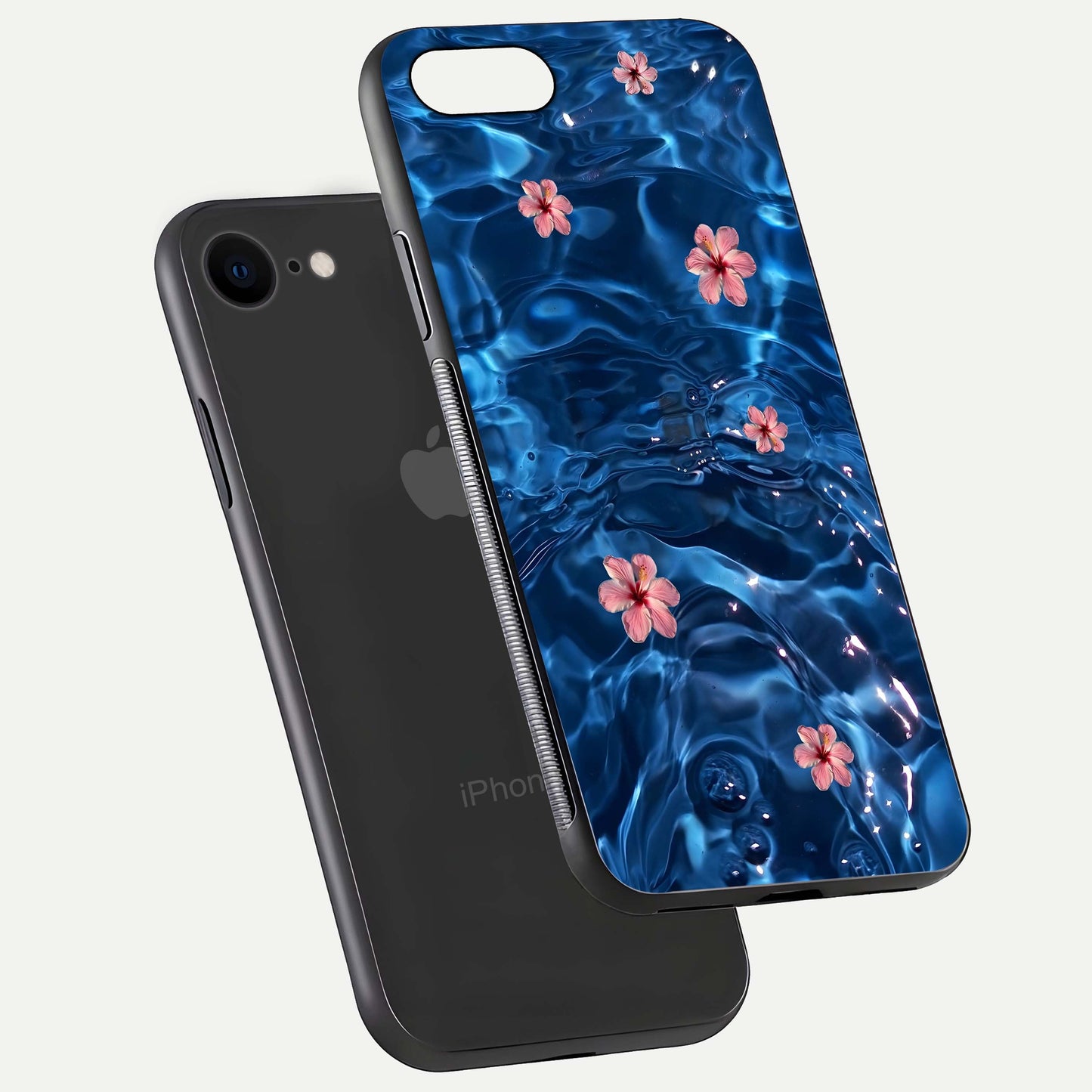 Blooming Water Drift Glass Case for iPhone 8 floating dual-view mockup showing floral drift pattern and reflective surface