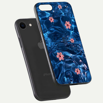 Blooming Water Drift Glass Case for iPhone 8 floating dual-view mockup showing floral drift pattern and reflective surface