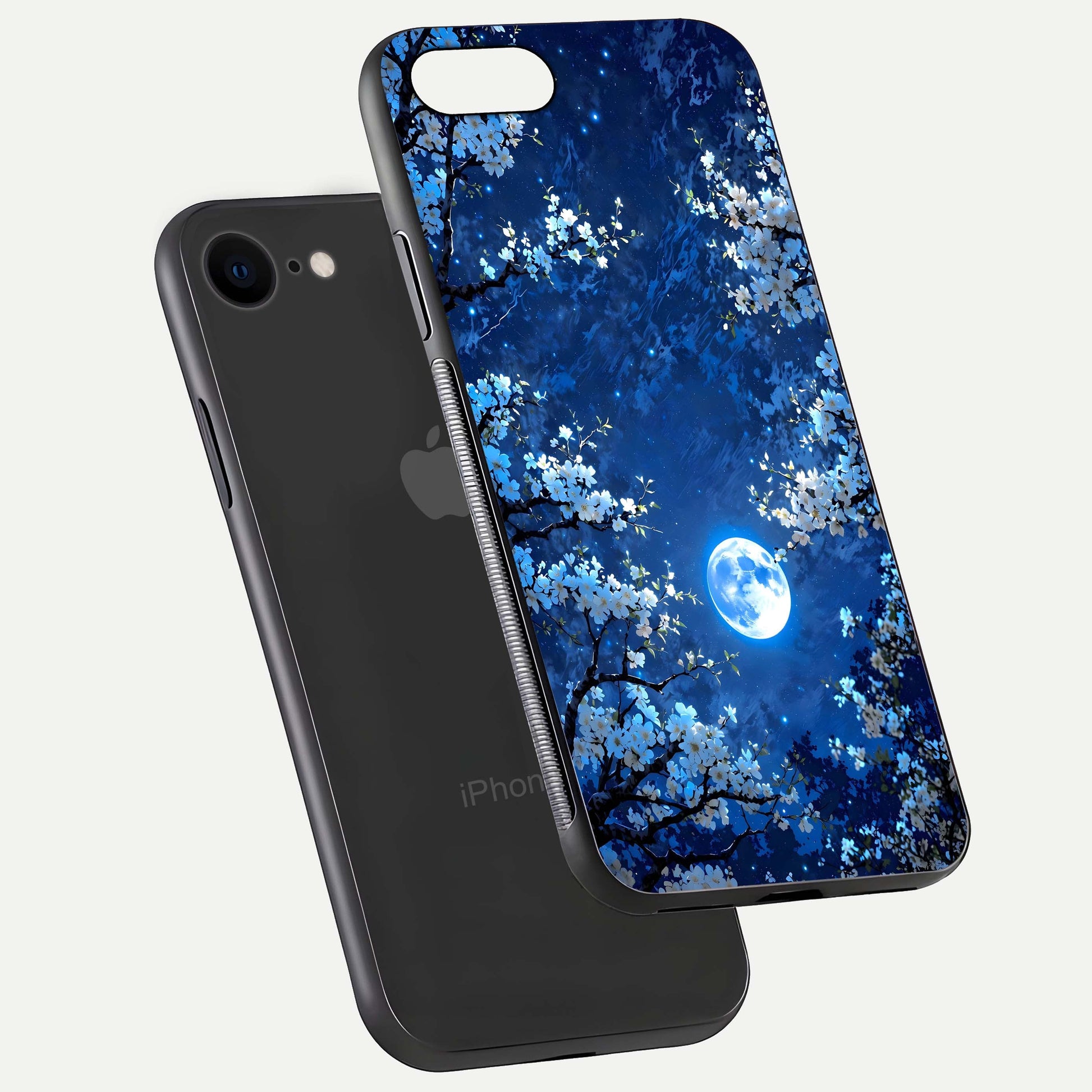 Blossom Moonlight Sky Glass Case for iPhone 8 floating mockup showing glowing moon accent and HD gloss texture