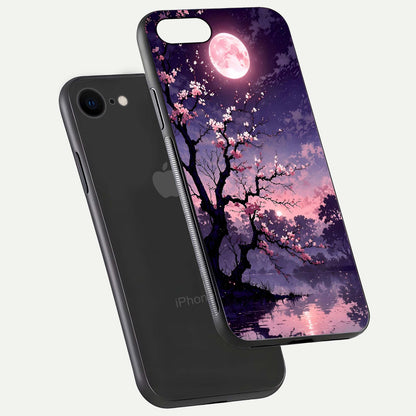 Blossom Pink Moon Glass Case for iPhone 8 floating mockup emphasizing dreamy pink moon aura and smooth finish
