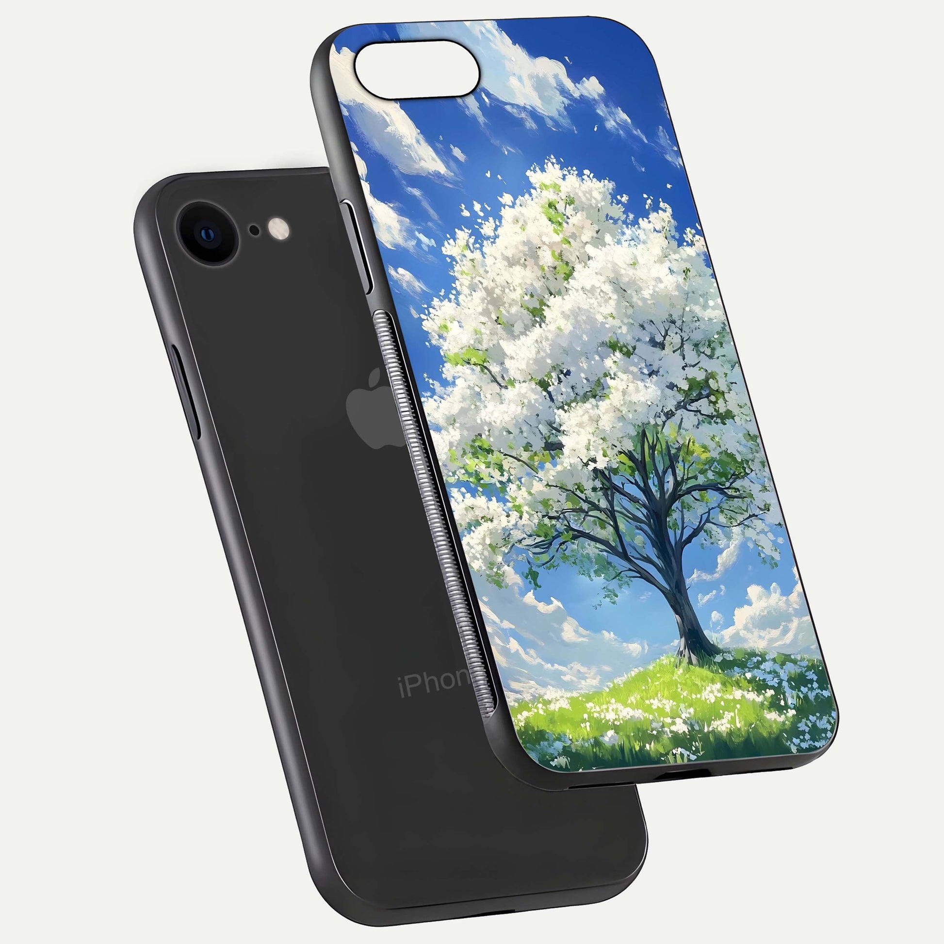 Blossom Sky Serenity Glass Case for iPhone 8 floating mockup capturing gloss surface and tranquil design