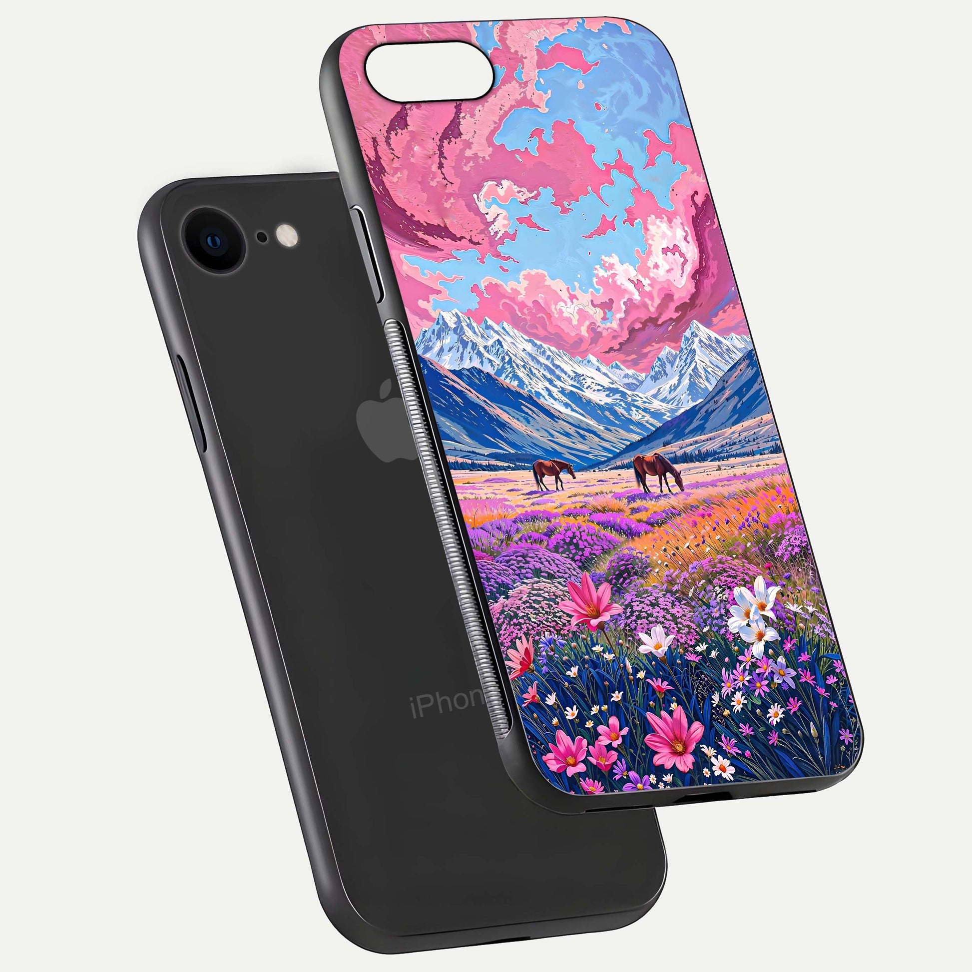 Blossom Valley Dream Glass Case for iPhone 8 floating mockup showing floral valley blend and reflective surface