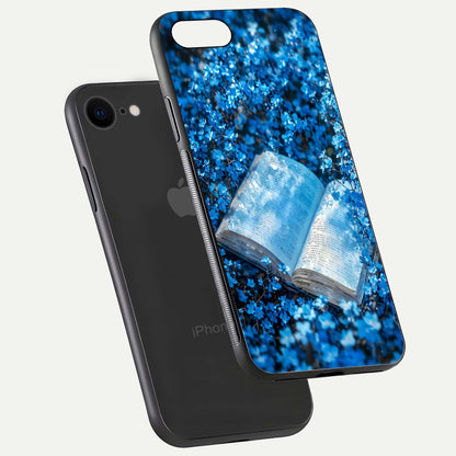 Blue Bloom Tales Glass Case for iPhone 8 floating mockup showing detailed bloom and reflective surface