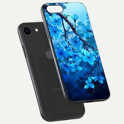 Blue Blossoms Branch Glass Case for iPhone 8 floating mockup showing shine, curved edges, and branch detailing