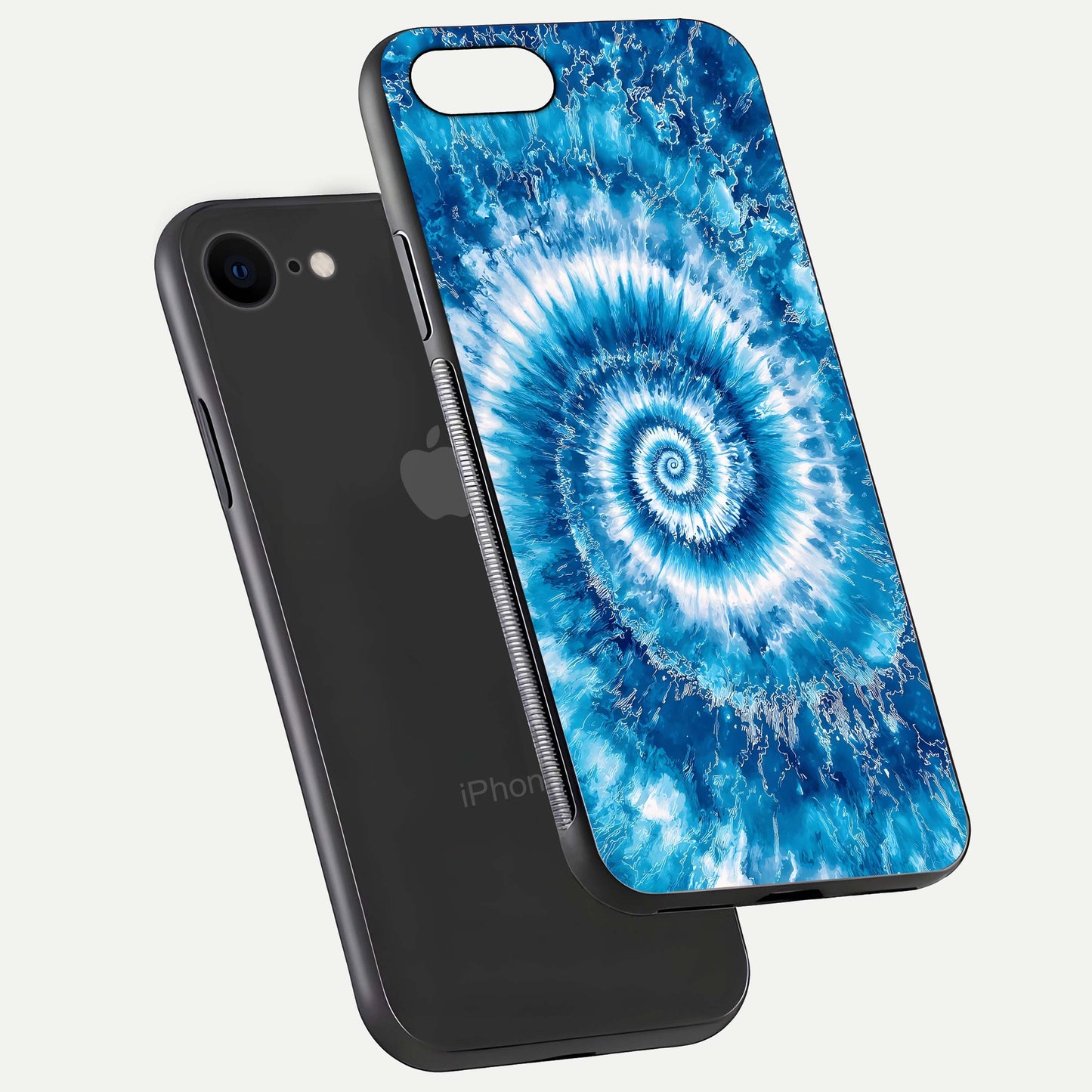 Blue Galaxy Wave Glass Case for iPhone 8 floating mockup revealing cosmic depth and curved-edge texture