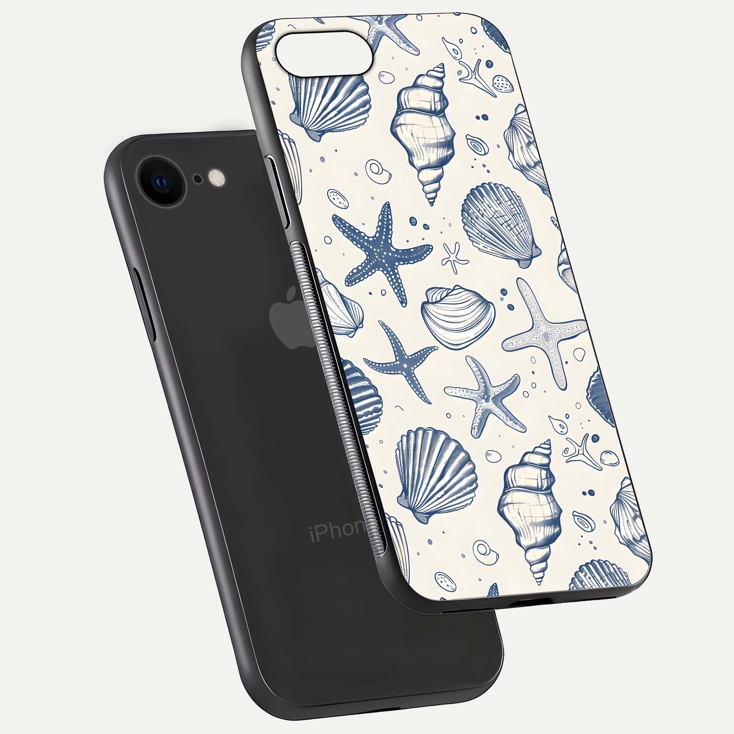 Blue Ocean Outline Glass Case for iPhone 8 floating mockup displaying marine-inspired aesthetic and smooth surface