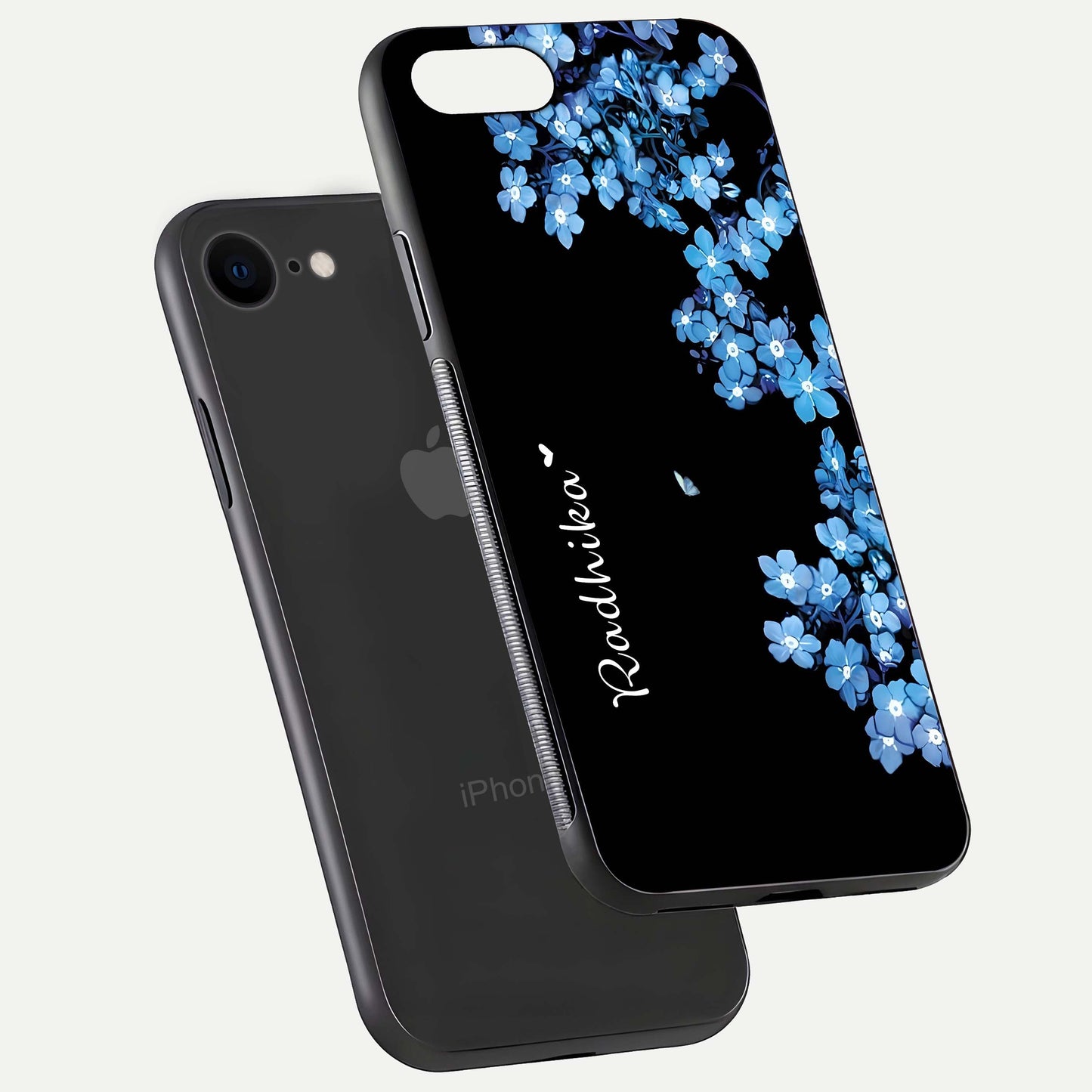 Blue Petal Dream Custom Name Glass Case for iPhone 8 floating mockup capturing floral tones and glass shine