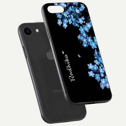 Blue Petal Dream Custom Name Glass Case for iPhone 8 floating mockup capturing floral tones and glass shine