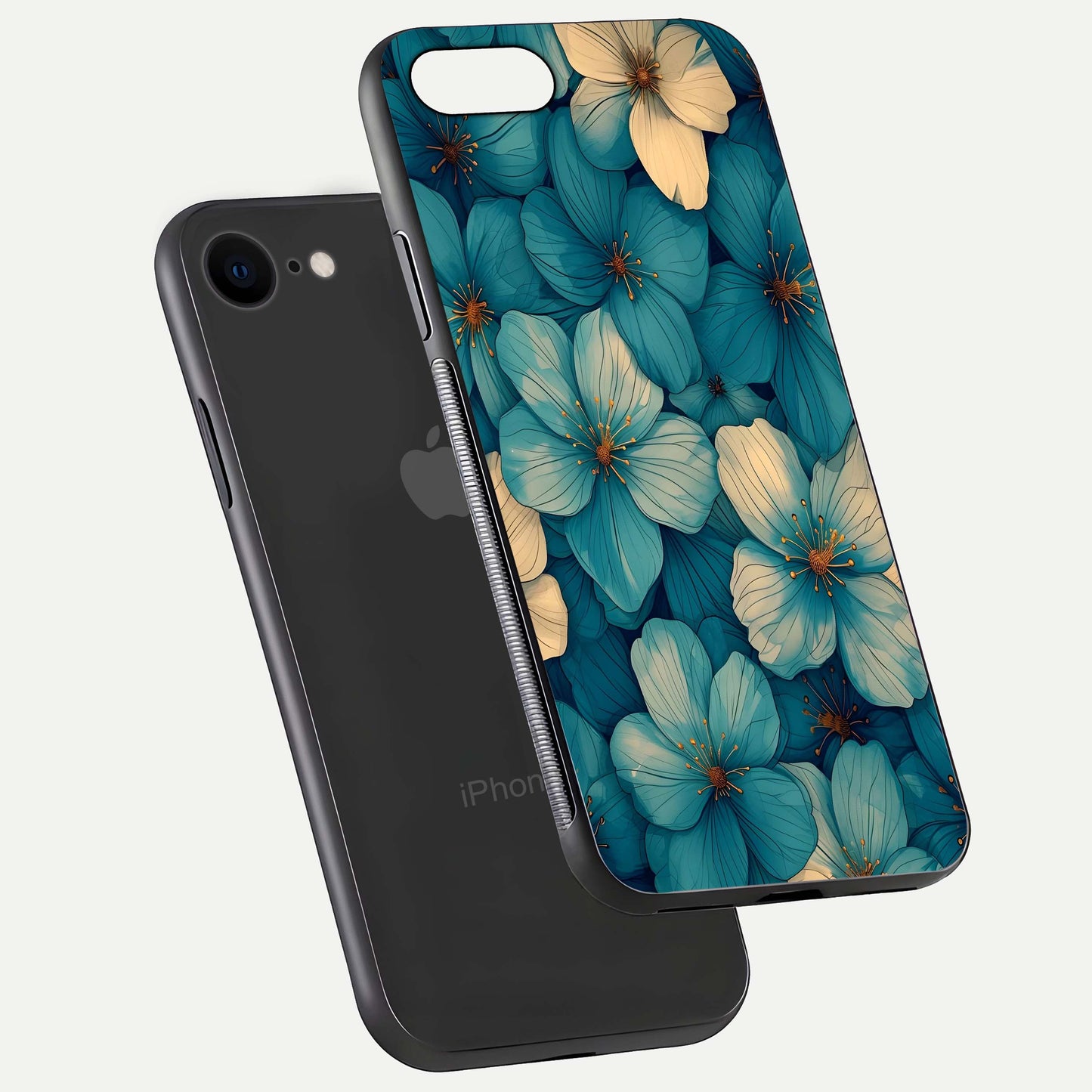 Blue Shade Floral Glass Case for iPhone 8 floating mockup revealing gloss highlight and floral depth