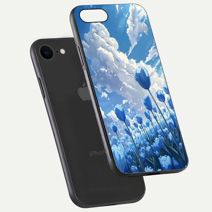 Blue Tulip Clouds Glass Case for iPhone 8 floating mockup displaying tulip-cloud fusion art and smooth glass gloss