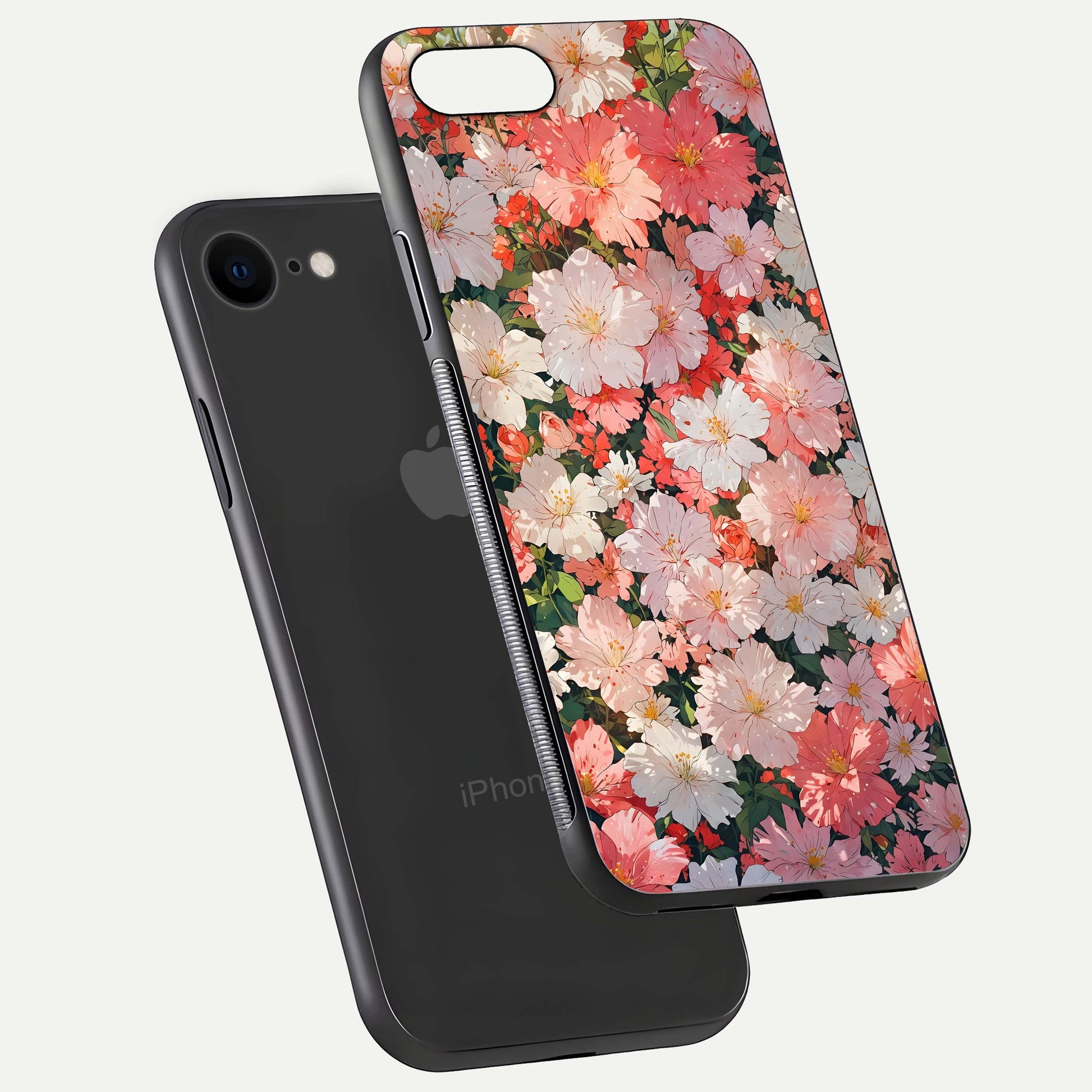 Blush Bloom Field Glass Case for iPhone 8 floating mockup highlighting floral spread and edge reflection
