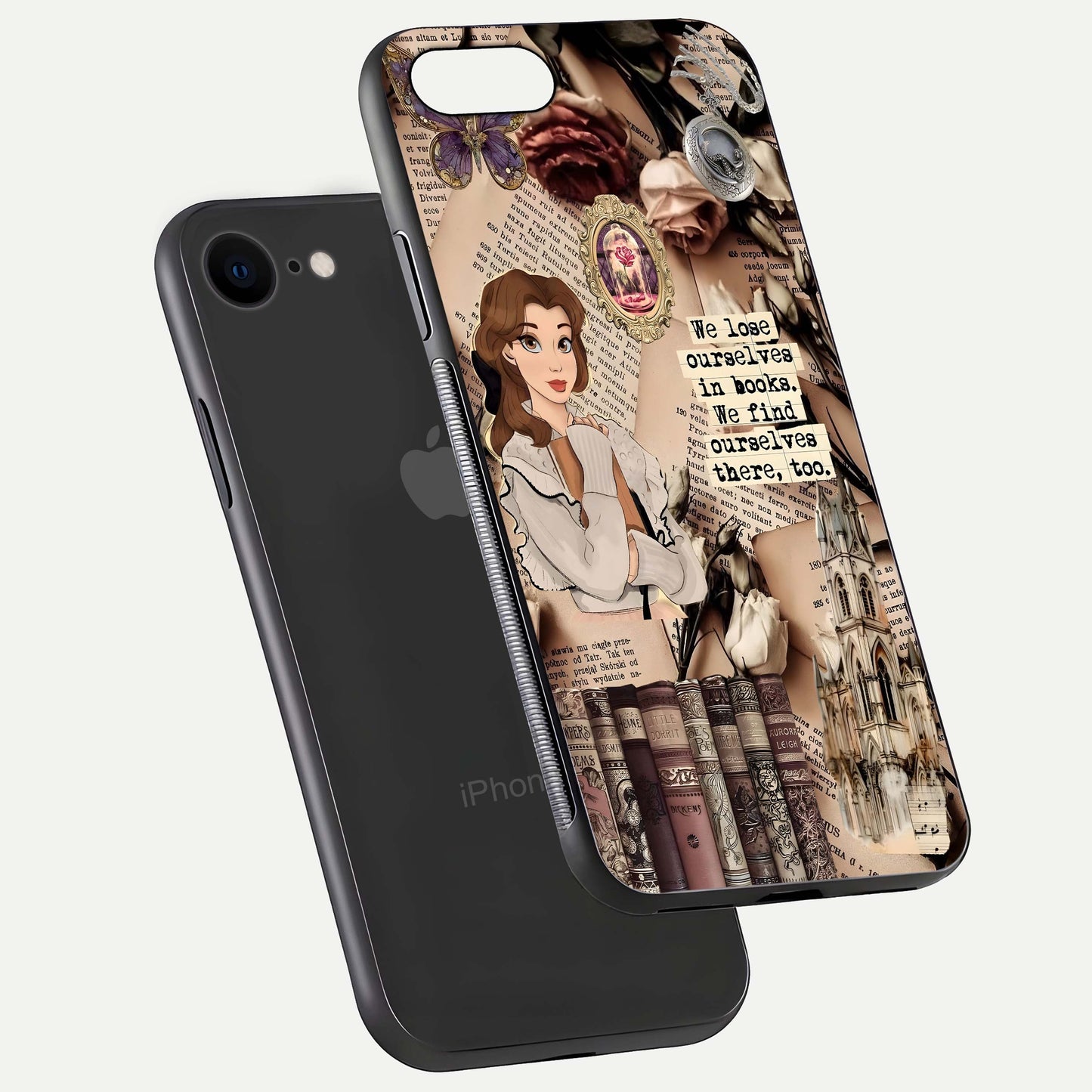 Bookish Dream World Glass Case for iPhone 8 floating mockup capturing gloss shine and artistic balance